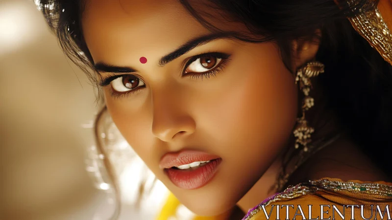 Hyperreal close-up portrait of woman with bindi and jewelry