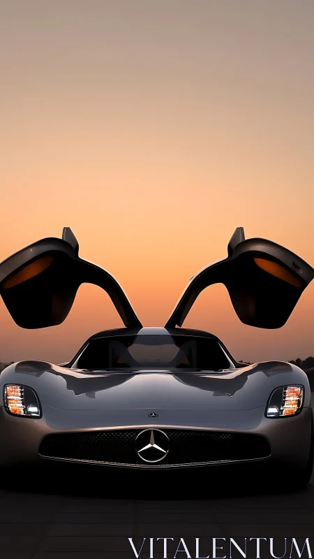 Sleek silver supercar opening its wings at sunset glow.