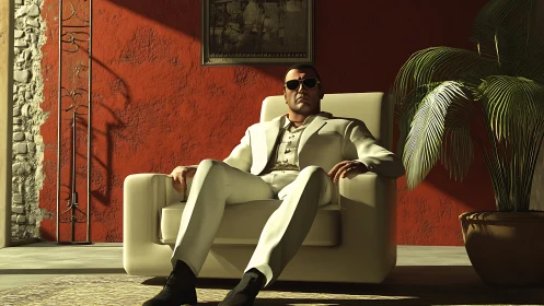 Confident man in white suit reclines in sunlit modern lounge.