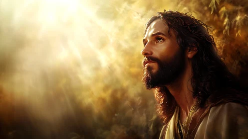Bearded man in crown of thorns under radiant golden light.