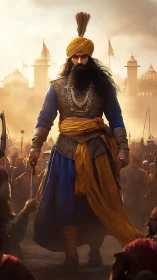 Regal Sikh warrior in cinematic digital painting composition.