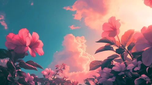 Digital flowering landscape renders pink petals against turquoise sky with volumetric cloud lighting