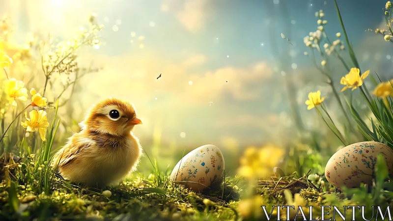 Spring sunlight bathes a newborn chick beside painted eggs