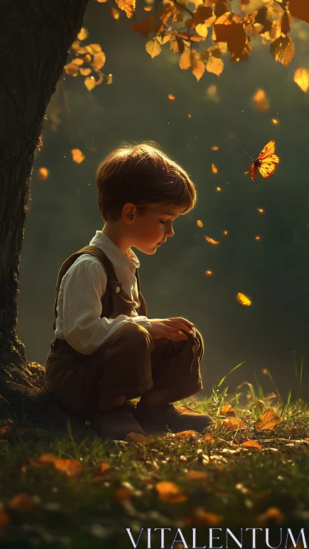 Autumnal child portrait in backlit woodland vignette digital painting.