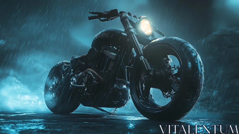 Custom black motorcycle in heavy rain under blue light.