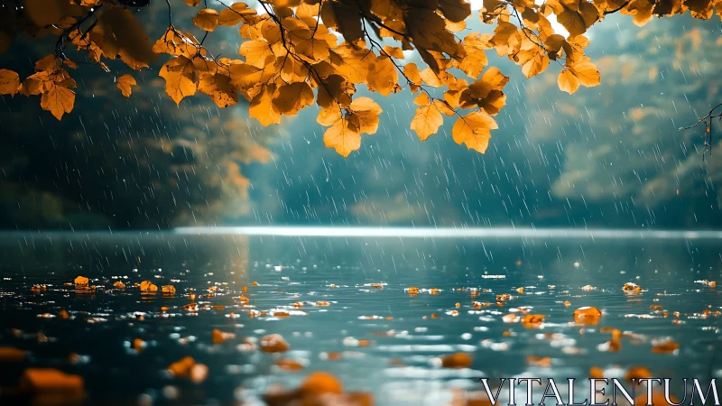 Autumn foliage over calm water surface in rainfall conditions.