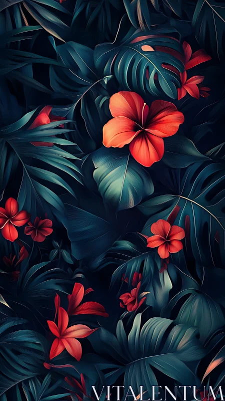 Red Flowers with Dark Teal Foliage Digital Composition