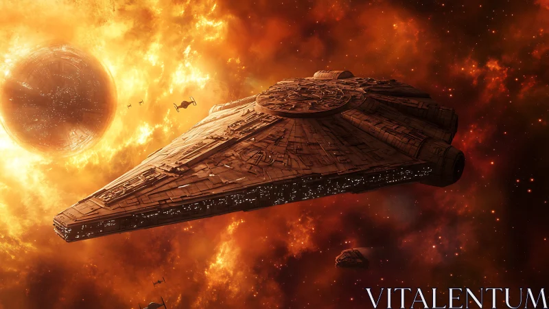 Massive star cruiser gliding past fiery planet in deep space.