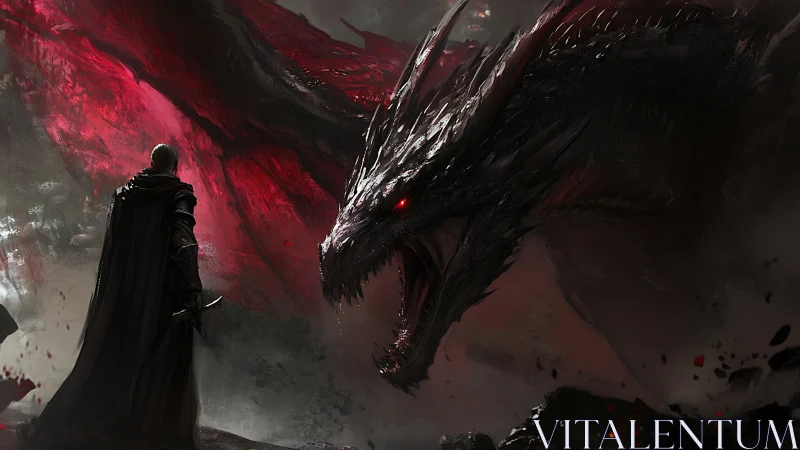 Armored black dragon confronting cloaked swordsman in crimson mist