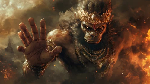 Mythic warrior ape halts viewer amid swirling inferno clouds