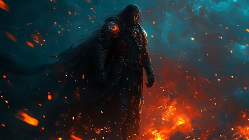 Armored dark knight strides through infernal embers in teal haze
