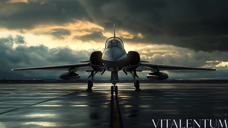 Military jet faces viewer on wet runway under storm clouds