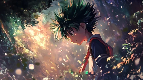 Quiet forest daydream with a thoughtful anime schoolboy.