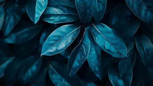 Moody cyan foliage macro with layered leaf structure.