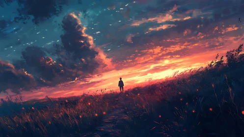 Solitary figure walking toward vivid cinematic sunset sky.