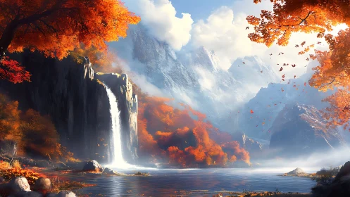 Crimson waterfalls and quiet mountains in a bright autumn hush.