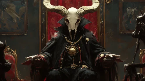 Horned skeletal figure seated on ornate crimson throne.