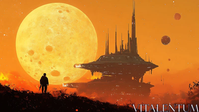 Silhouetted astronaut studies floating sci fi base at giant moon