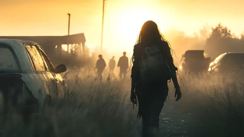 Backlit wanderer walks through foggy post apocalyptic road