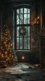 Snowlit Christmas interior contrasts decay and warm candlelight
