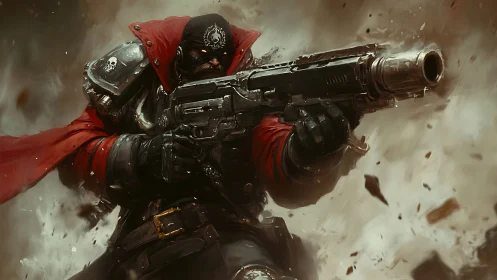 Grim crimson gunner storms a shrapnel-soaked battlefield.