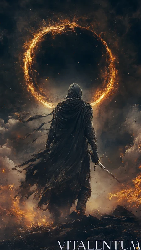 Cloaked warrior studies burning celestial ring in storm