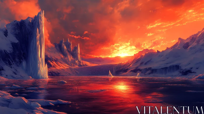 Glowing polar sunset over towering crystalline ice cliffs.