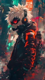 Headset-wearing figure stands in neon-lit urban alleyway