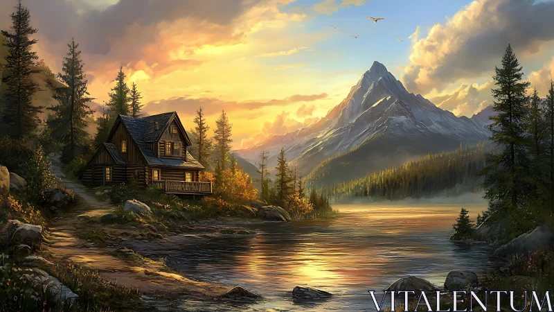 Golden hour mountain lake with illuminated riverside cabin
