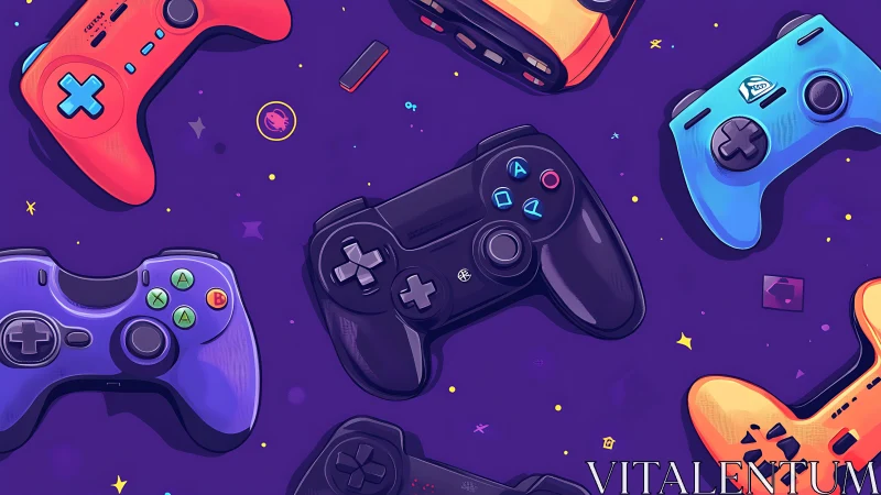 Colorful game controllers on purple background pattern.