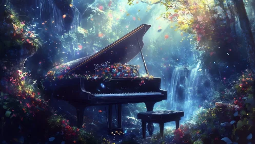 Grand piano in bioluminescent forest glade with cascading waterfall