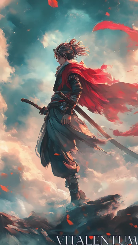 Wind-swept samurai silhouette on aerated cloud ridge apex.