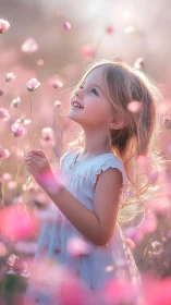 Young child in field of pink flowers with backlighting.