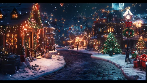 Snowy Christmas village street sparkles with festive lights.