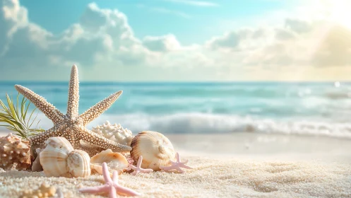 Starfish and shells on calm sandy beach at sunrise.