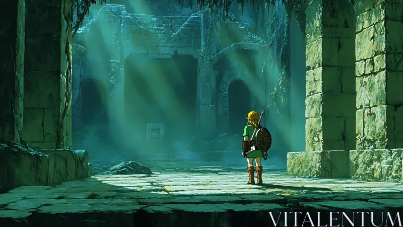 Quiet hero in a mossy ruin washed with soft green light.
