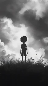 Silhouetted child stands beneath brooding storm clouds.