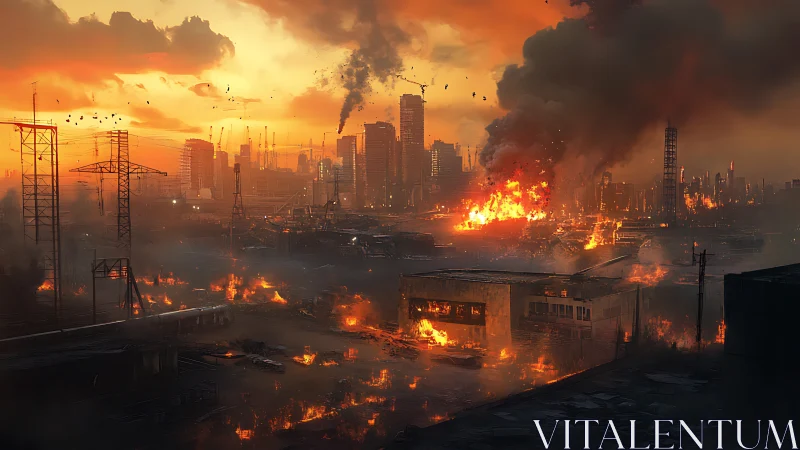 Burning industrial cityscape under heavy smoke at dusk.