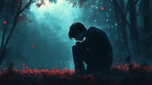 Solitary figure in cyan twilight forest with red ground glow