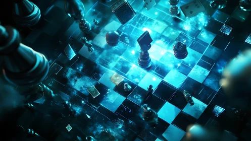 Chessboard shows luminous blue grid with floating pieces