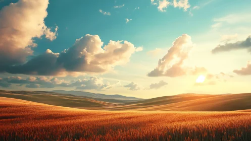 Sunlit wheat plains under sculpted clouds at golden hour.
