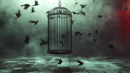 Suspended iron cage amid volumetric fog and circling crows