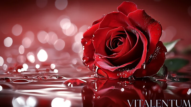 Red Rose in Water with Bokeh Lighting and Reflections