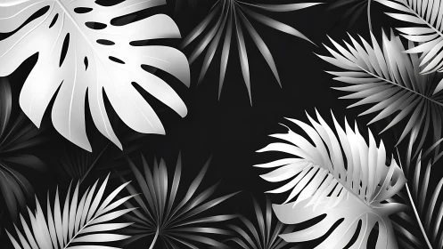 Monochrome tropical leaves form layered abstract jungle pattern