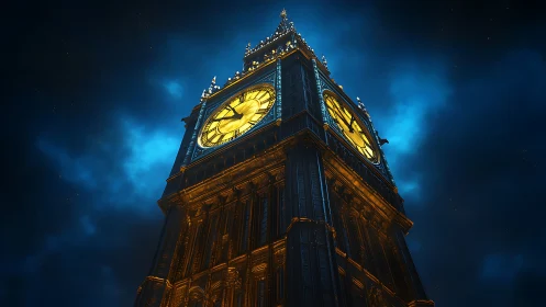 Illuminated clock tower rising against dramatic night sky.