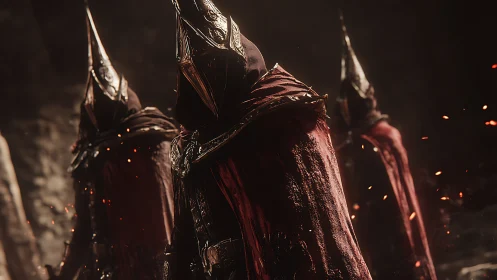 Dark-robed sentinels stride through glowing embers together