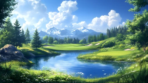 Mountain golf course beside reflective lake under blue sky.