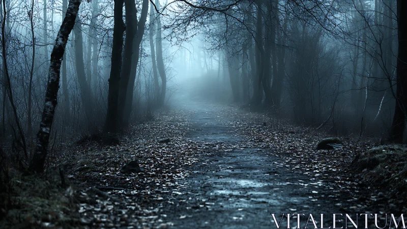 Mist-drenched forest path quietly swallows the fading light