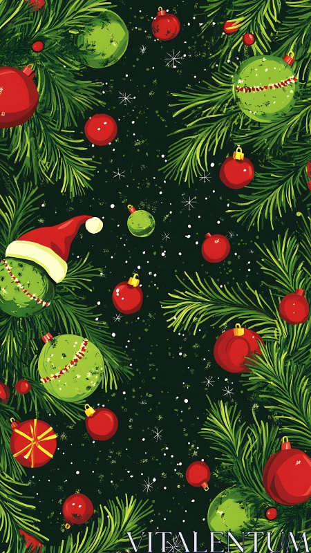 Festive green branches glow with bright Christmas baubles