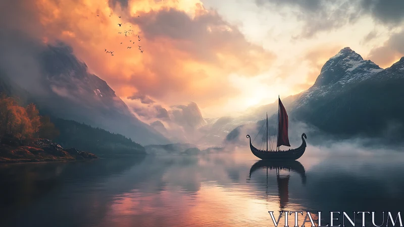Viking longship on misty fjord at sunrise, calm waters.